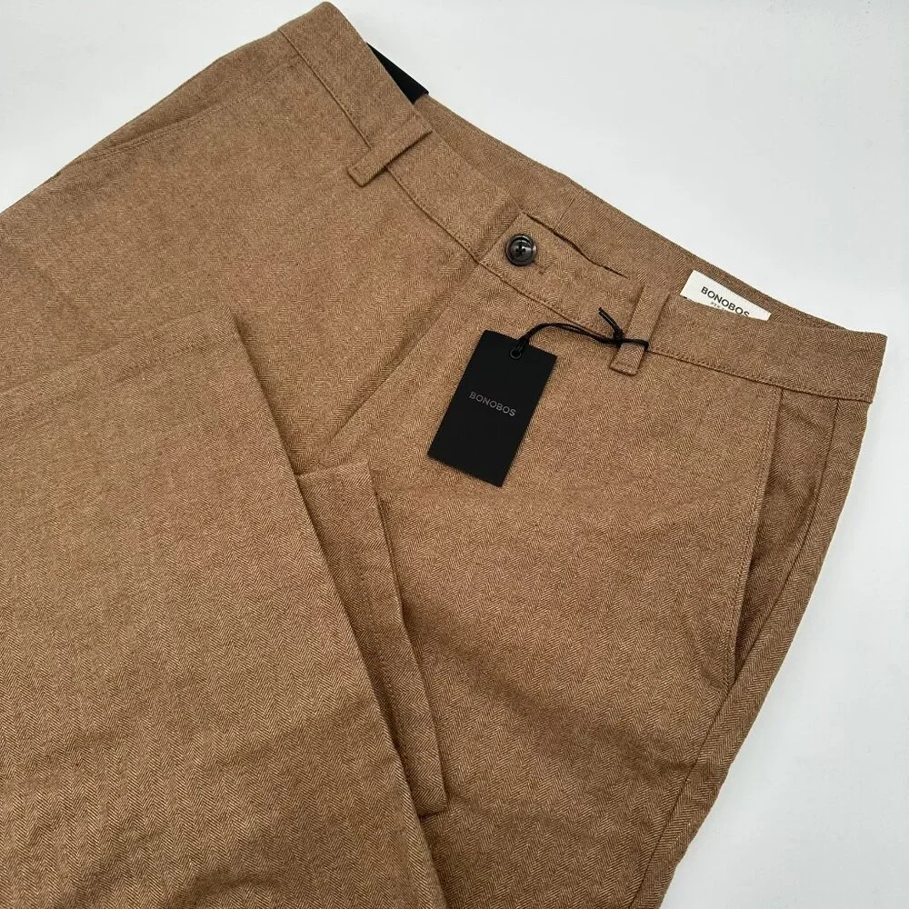 Bonobos Flat Front Brushed Cotton Slim‎ Herringbone Chino, Size W32 x L32, Khaki